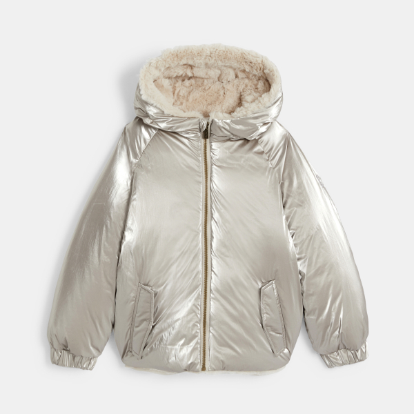 مِعطَف لامع بفرو اصطناعي قابل للارتداء على الوجهين، للفتيات،